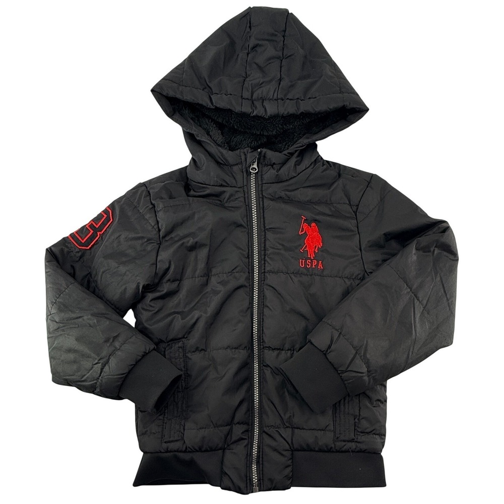 U.S. Polo Assn Boys Puffer Jacket XS 4-5 Black Hooded Full Zip Winter Coat